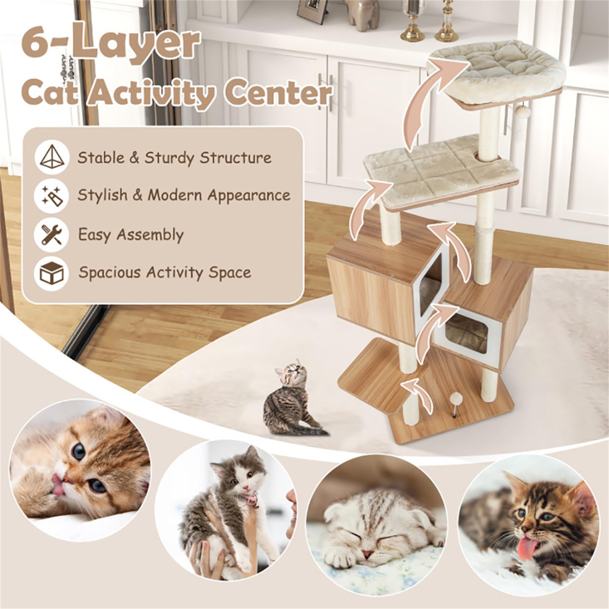 Kadyn 64" Large Wooden Cat Tree Tower with Double Condos, Large Perch and Totally Wrapped Sisal Posts, Modern Cat Tree House, Beige