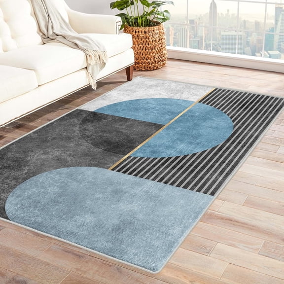 Modern Geometric Rug Washable Mid Century Rugs For Living Room Bedroom, Blue Beige Grey Area Rug For Home Decor, Non Slip Backing Floor Carpet 1x2ft