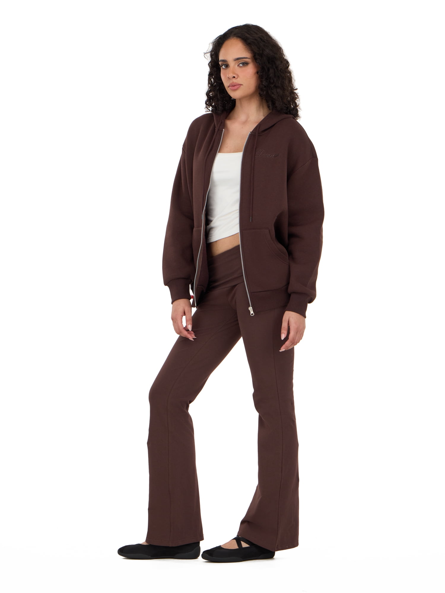 Forever 21 Women's Fleece Zip Up Hoodie with Front and Back Graphic Detail, Relaxed Fit Sweatshirt Jacket, Casual Everyday Layering Style, Brown, XXS-4X