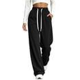 thumbnail image 3 of Womens Wide Leg Sweatpants,Elastic High Waist Drawstring,Solid Color Casual Loose Straight Leg Pants with Side Pockets for Vacation and Travel, 3 of 7