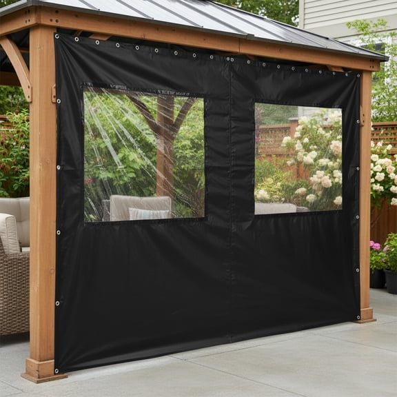 ToppiJoy 8*12ft Outdoor Pavilion Curtain, Water-Prevention Curtain with Transparent Window, for Porch, Balcony