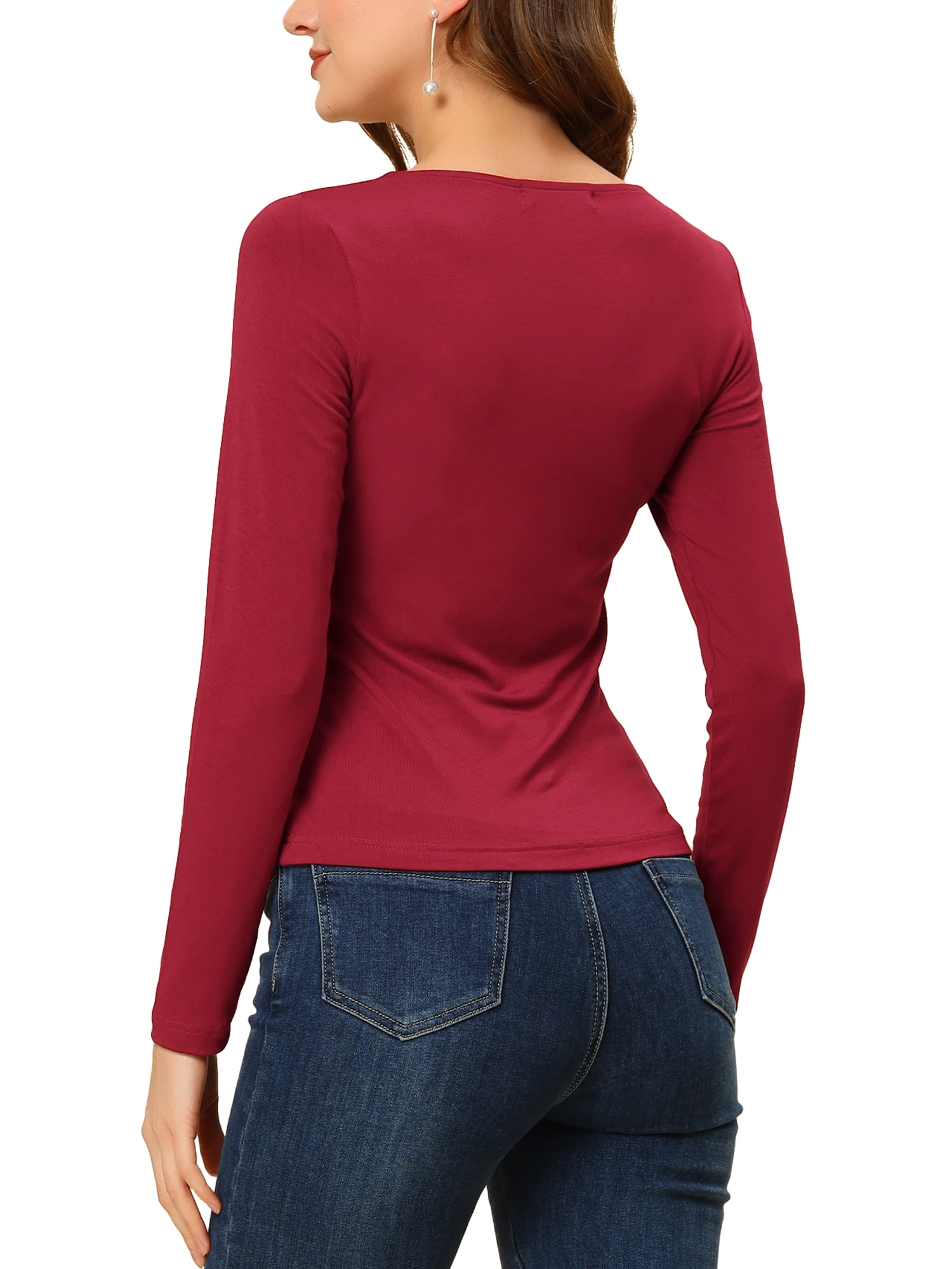 Unique Bargains Women's Solid Ruched Front Scoop Neck Long Sleeve Blouse Tops Burgundy X-Large