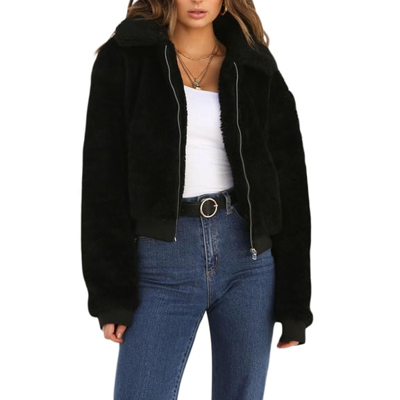 Douhoow Women Winter Warm Coat Solid Color Zipper Jacket Long Sleeve Fluffy Fleece Jacket