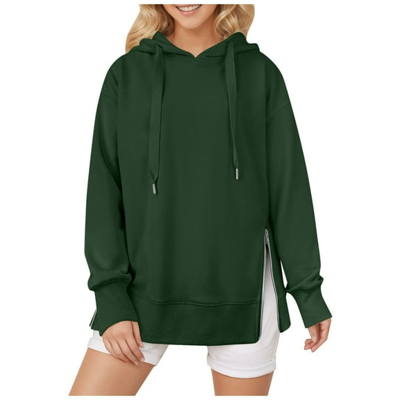 Fgnfyis Women Solid Color Zip Up Hooded Sweatshirt Casual Style with Side Zip Detail and Front Pockets Army Green S