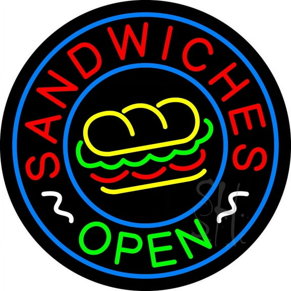 Round Sandwiches Open Logo LED Neon Sign 26 x 26 - inches, Black Square Cut Acrylic Backing, with Dimmer - Bright and Premium built indoor LED Neon Sign for restaurant window and interior decor.