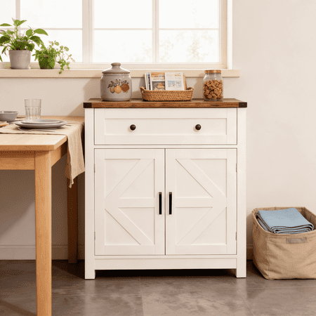 Resenkose Farmhouse Barn Door Storage Cabinet Rustic Buffet Sideboard with Drawer Coffee Bar Cabinet for Kitchen and Living Room White and Oak