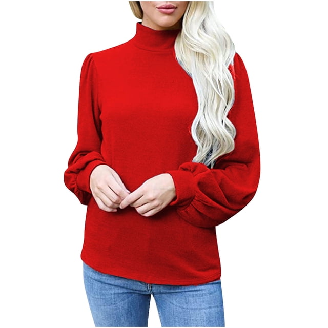 KIHOUT Spring Winter Womens Tops Blouse Long Sleeve High Collared T-shirts Solid Color Casual Loose Sweatshirt Tops