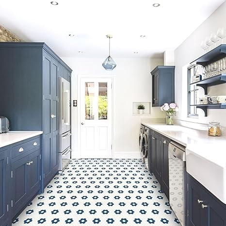 MORCART Peel and Stick Floor Tile, Vinyl Flooring Waterproof, DIY Flooring for Bathroom, Kitchen, Fireplace, Pet House, Stairs, Bedrooms, Wall(20PCS,7.87" x 7.87",dark blue+white)