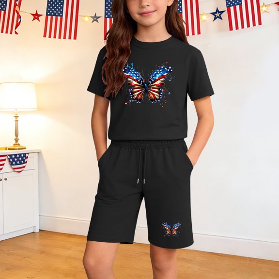 Amidoa Girls 2 Piece Outfits Summer Clothes Short Sleeve Cotton Floral Print T-Shirt and Casual Shorts Kids Clothing Sets Black Size 7