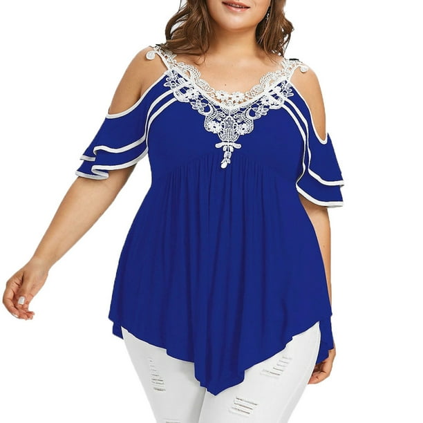 Bseka - Bseka Plus Size for Women Lace Patchwork Ruffle Off Shoulder Casual T-Shirt Tees Blouse Tops - Walmart.com - Walmart.com
