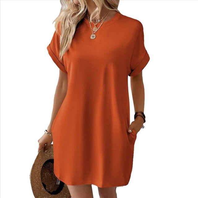 Vestido Holgado de Corta con Cuello Redondo y Bolsillos, Color Liso, Naranja, Talla M