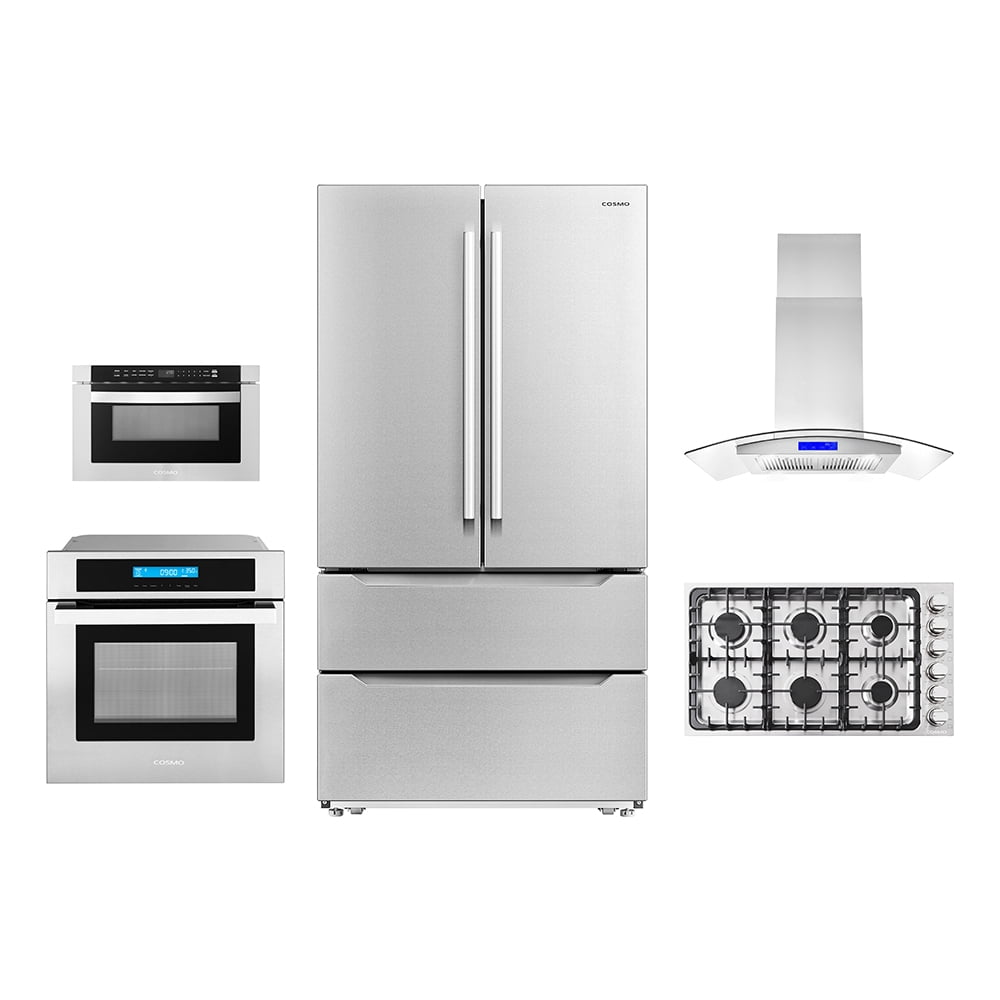 5 Piece Kitchen Package With 36" Gas Cooktop 36" Wall Mount Range Hood 30" Single Electric Wall Oven 24" Built-In Microwave Drawer & French Door Refrigerator