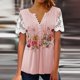 thumbnail image 3 of Camiseta de manga corta con cuello en V para mujer, remera Sexy con estampado de flores de retazos de encaje, camisetas holgadas para mujer 2023, 3 of 4