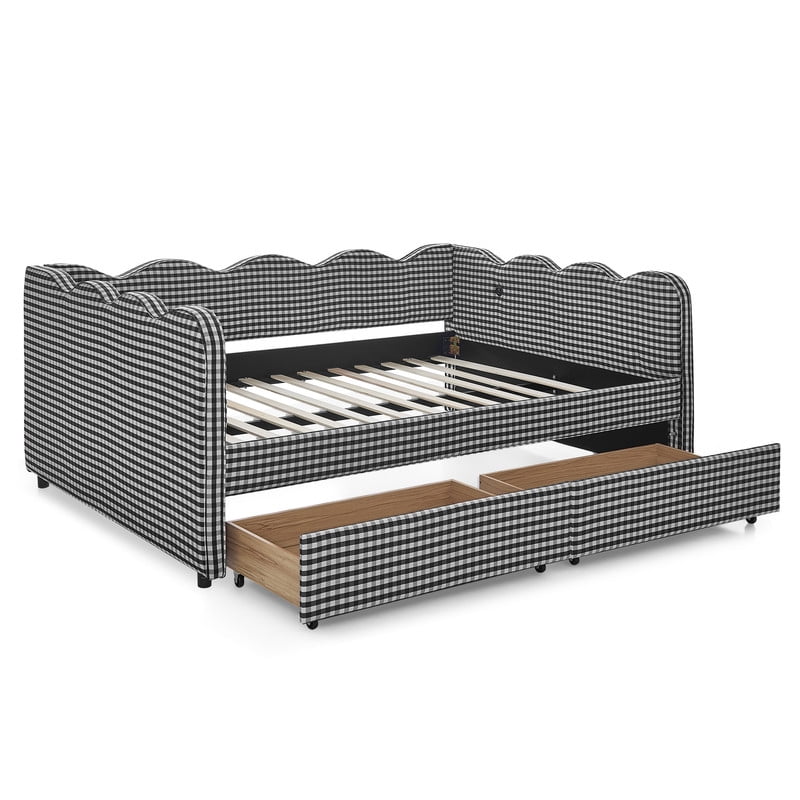 Cozy Full Size Daybed with 2 Storage Drawers and USB Charging Port, Linen Gingham Wave Shaped Sofa Bed for Living Room and Bedroom