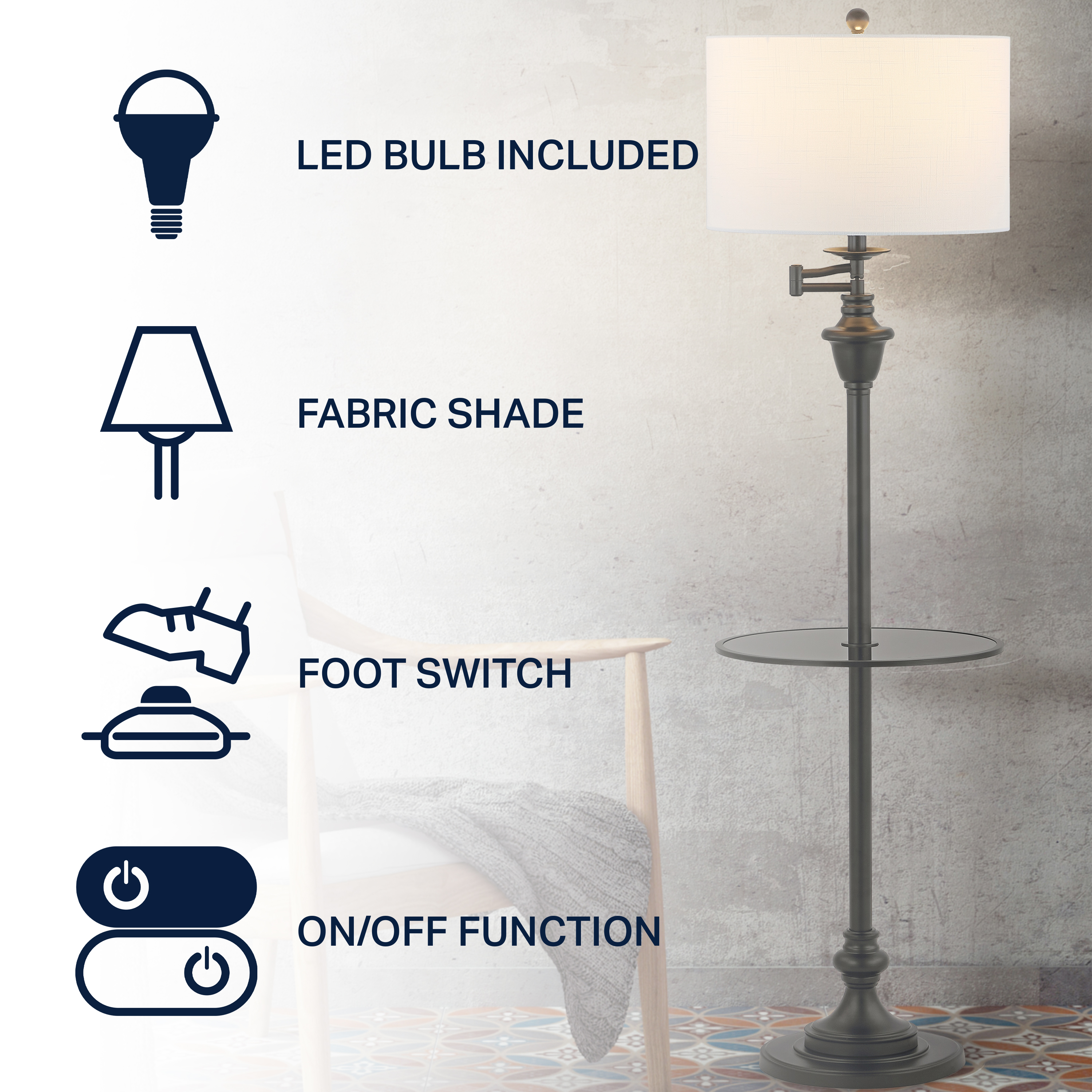 JONATHAN Y Cora 60" Metal/Glass LED Side Table and Floor Lamp, Black, JYL3055D