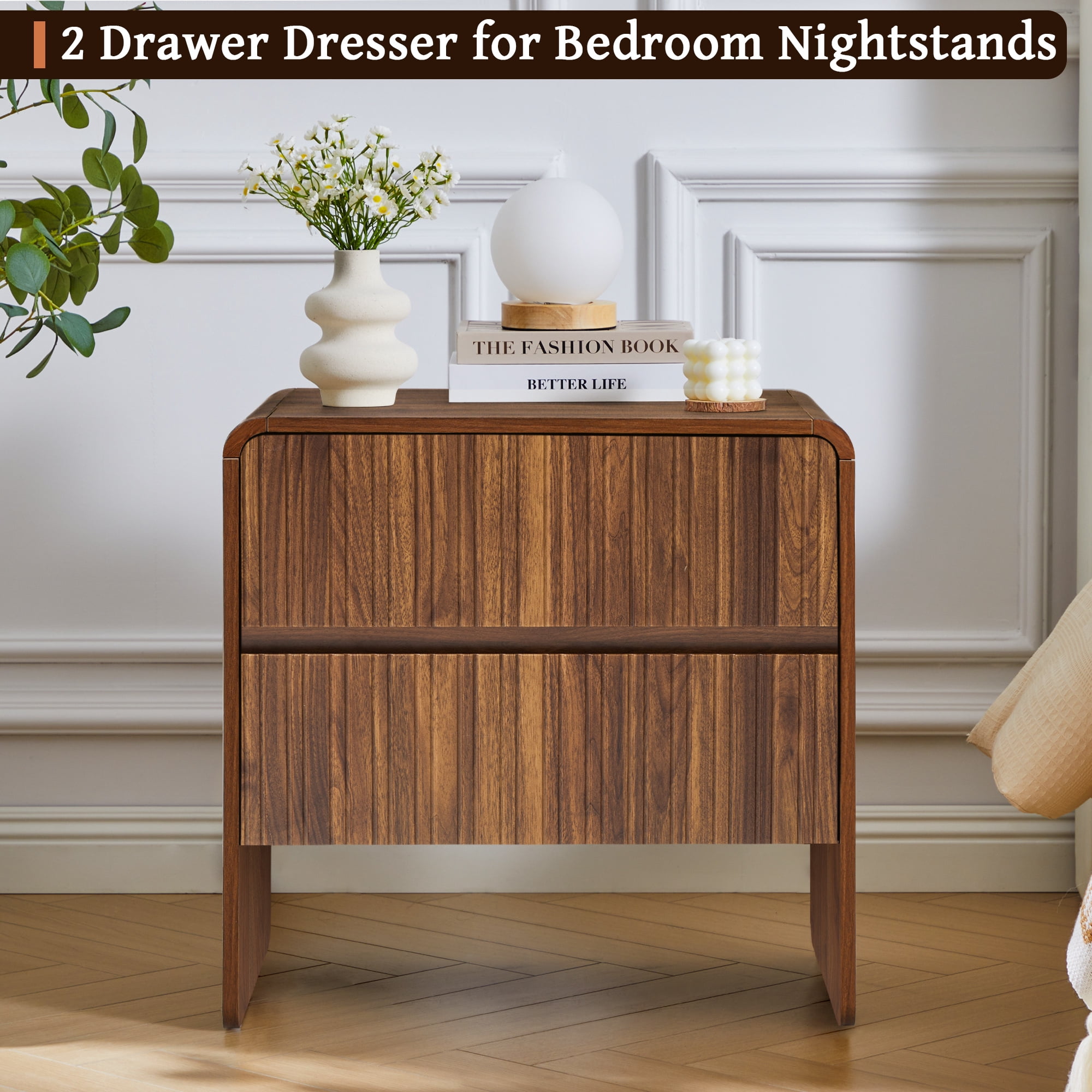 LEFHDA 2 Drawer Fluted Nightstand, Wood Fluted Bedside Table for Bedroom, Mid-Century Modern End Tables(Walnut)