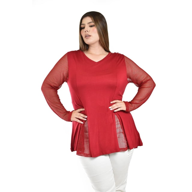 Blusa con detalle de malla Roman Fashion /Tallas Extras, 229 (Rojo) rojo 40