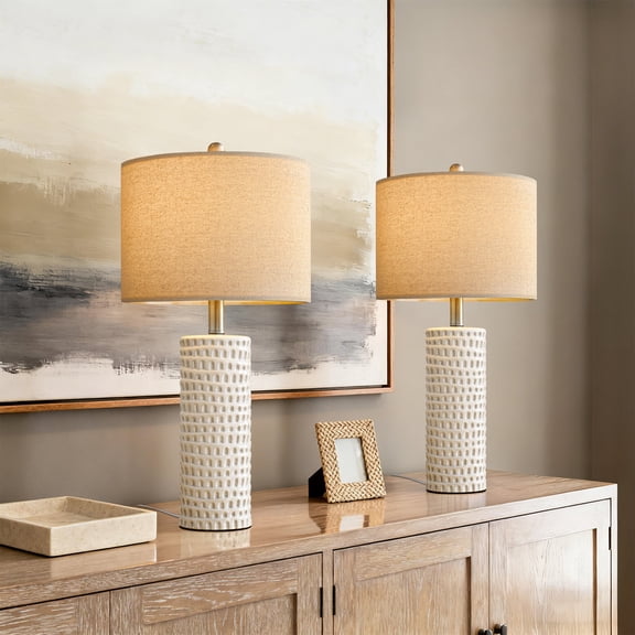 Oneach Ceramic Bedside Lamps Set of 2, White 24 in Table Lamps with Beige Linen Shades for Bedroom and Living Room