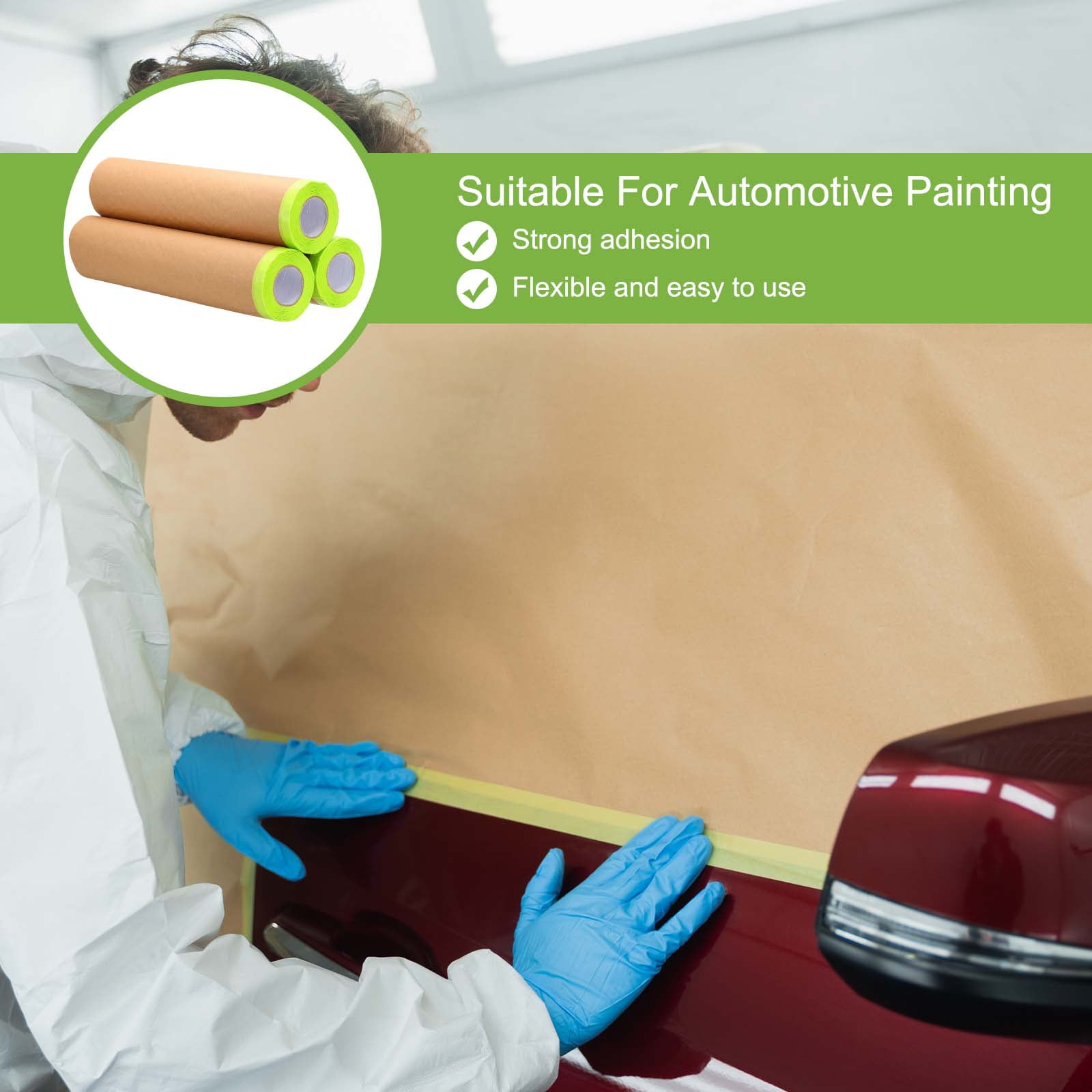 Uxcell 3pcs Pre-Taped Masking Paper, 24" x 49 ft Paint Adhesive Protective Paper Painter Tape and Drape for Masking Auto Body Covering Wall Skirting Frames, Green