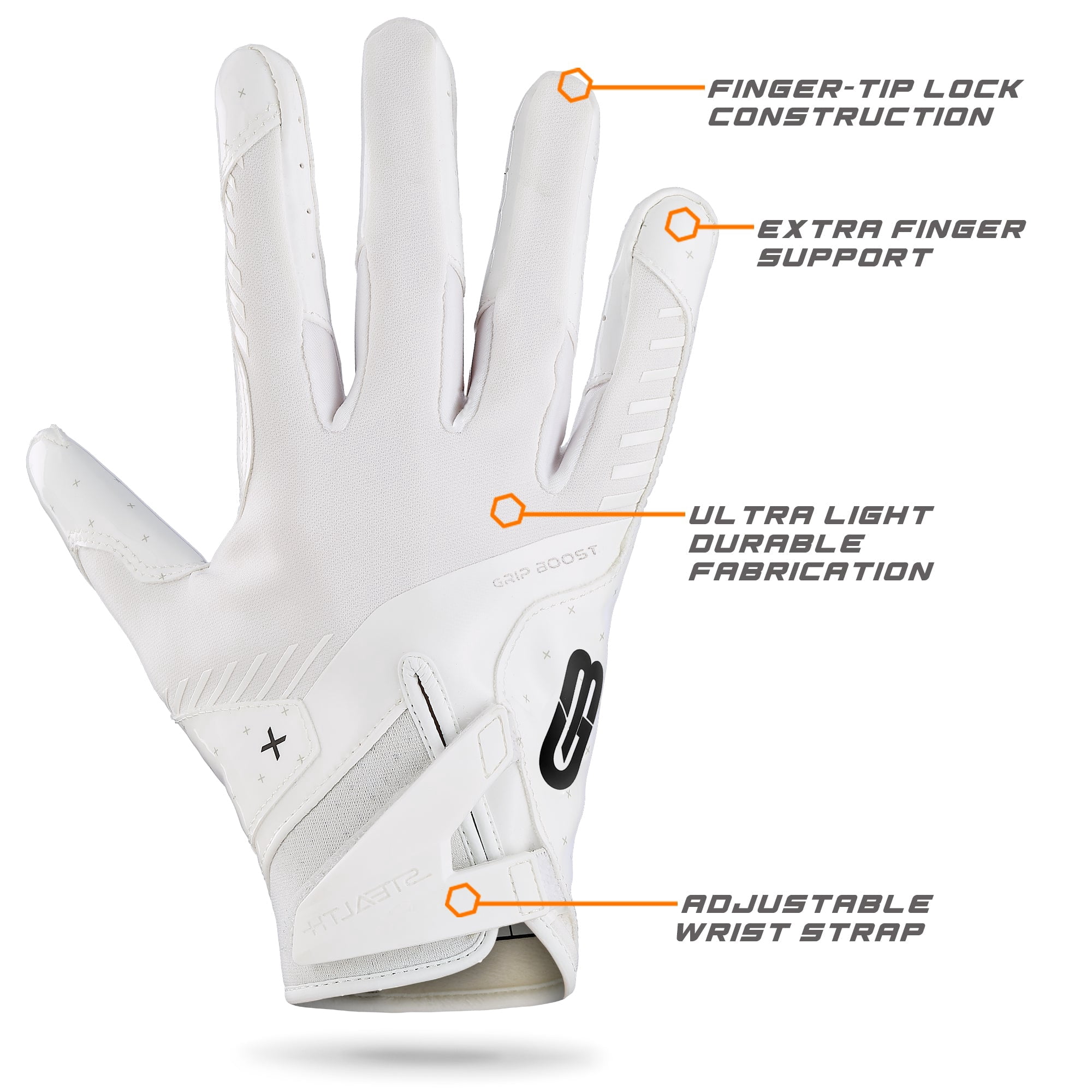 Grip Boost Solid White Stealth 6.0 Boost Plus Youth Football Gloves