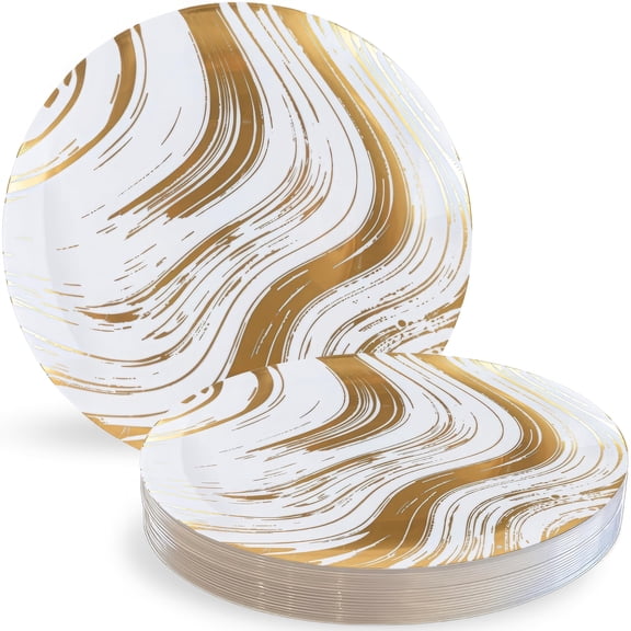 Blue Sky Curve Dinnerware Disposable Plates AFN19" Round - 10 Count | White Plastic Plates with Gold Curve Accent Perfect for Parties & Special Occasions