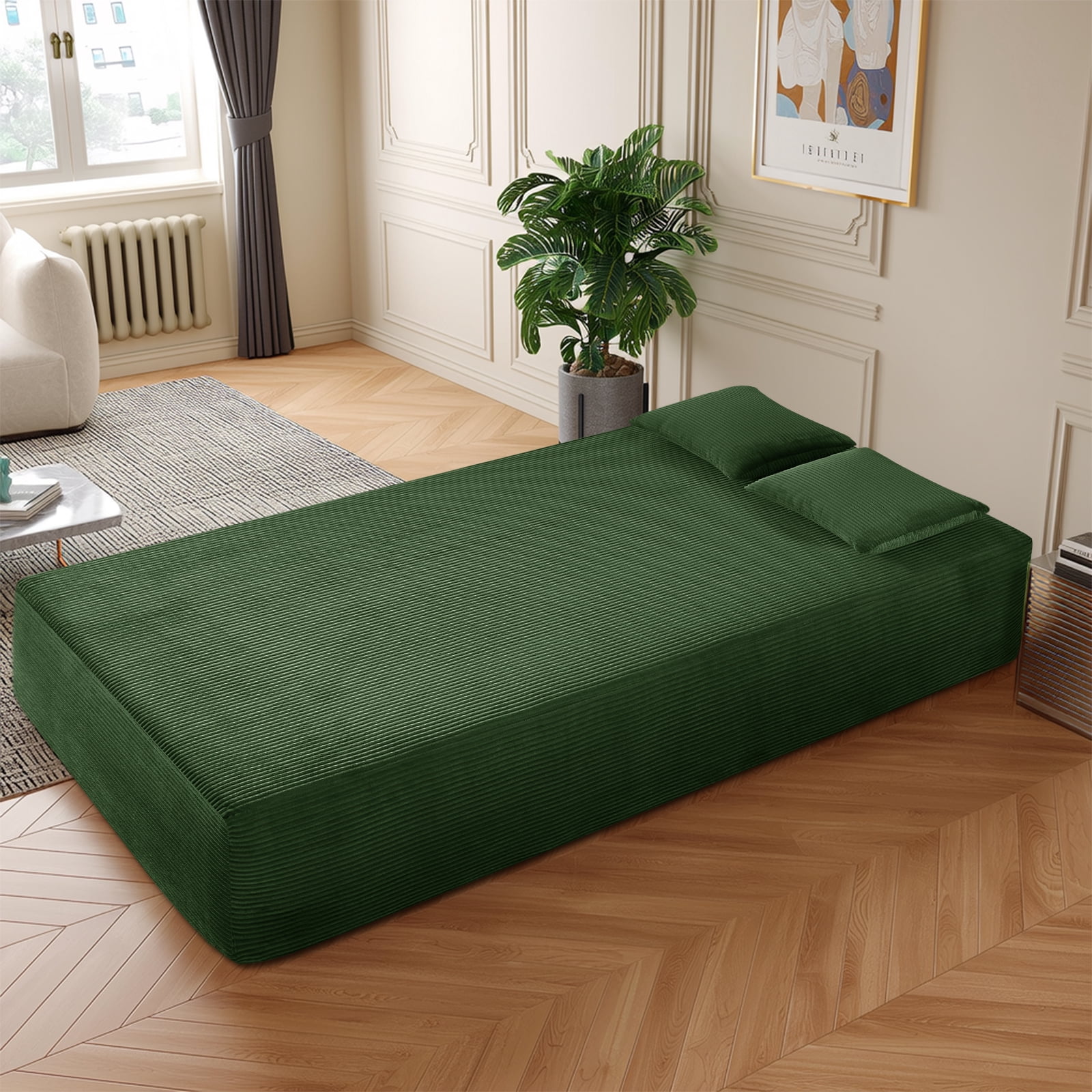 83" Seater Sofa Bed Couch with 4 Furry Pillows & Corduroy Fabric, No Assembly Sofa in a Box, Boneless Couch with Side Storage Pockets for Living Room, Bedroom, Office