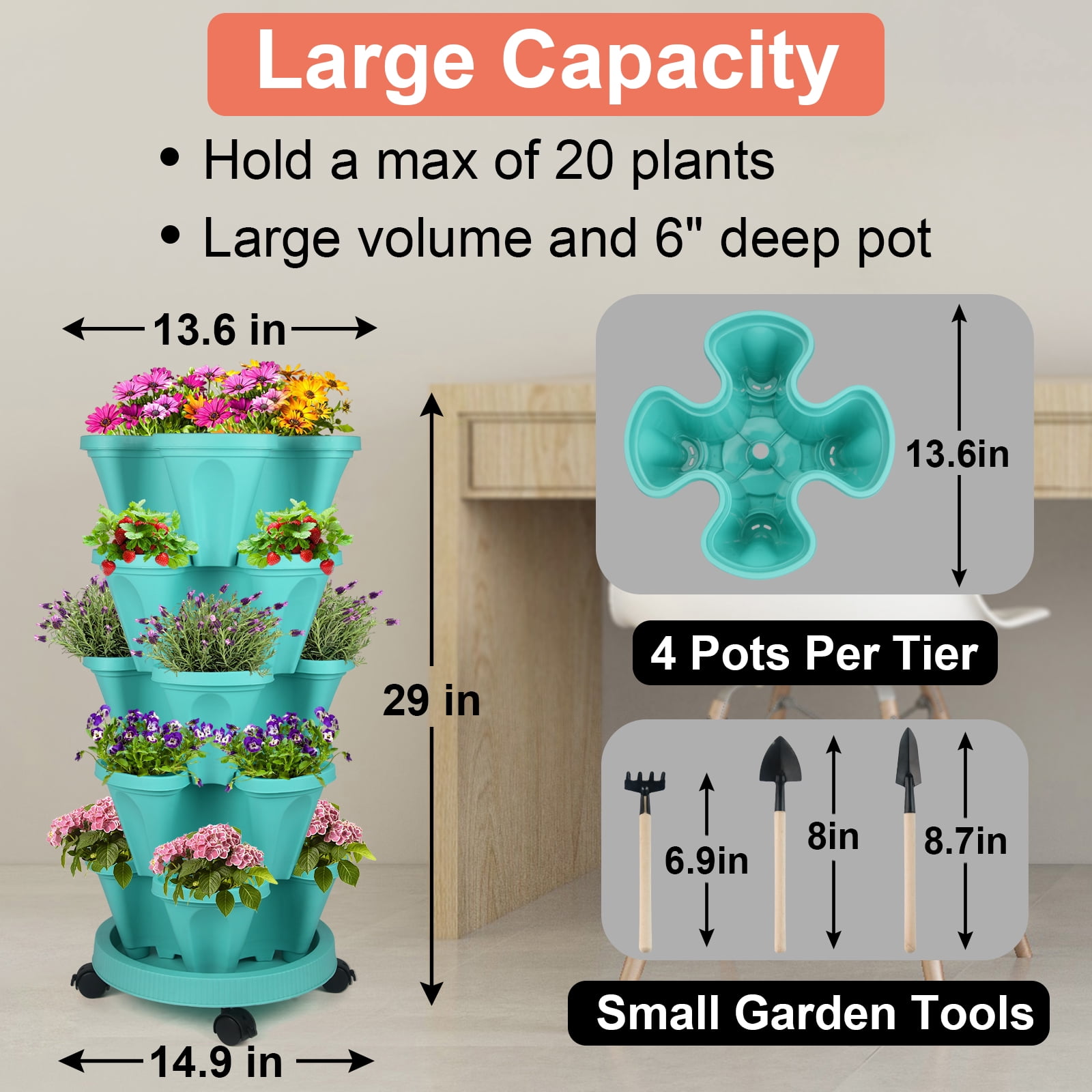 Stackable Planters 5 Tier Vertical Garden Planters Strawberry, Herb, Flower, Vegetable Indoor Outdoor Pots with Wheels,Teal