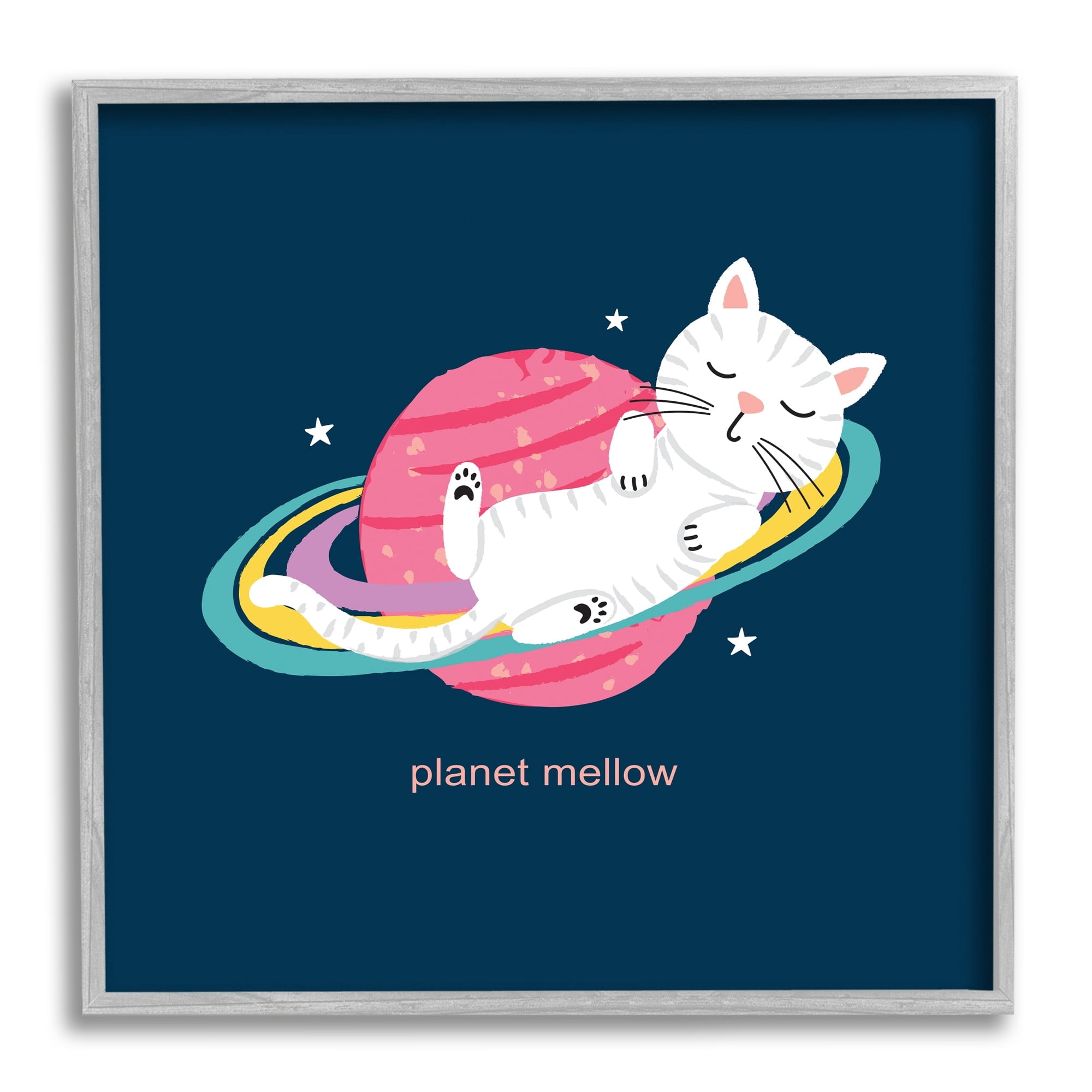 Stupell Industries Planet Mellow Tired White Cat Sleeping Saturn Rings Framed Wall Art, 12 x 12, Design by Lisa Perry Whitebutton