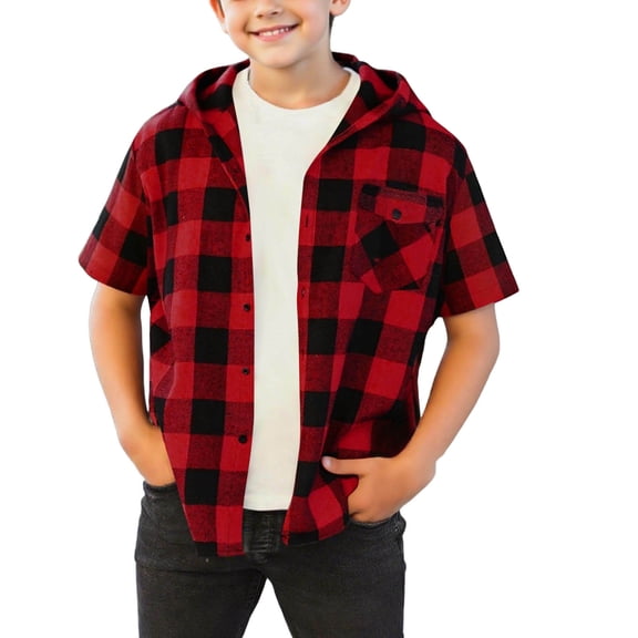 Boy's Short Sleeve Hooded Shirt Kids Button Down Plaid Shirts Summer Lightweight Preppy Casual Fashion School Hoodies