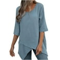 thumbnail image 2 of Summer Saving Wycnly Womens Tops Dressy Casual Loose Fit Comfy Cotton Linen Irregular Hem Pullover Tees Shirts Summer Elbow-Length Crewneck Tops Solid Blouse Blue XL, 2 of 7