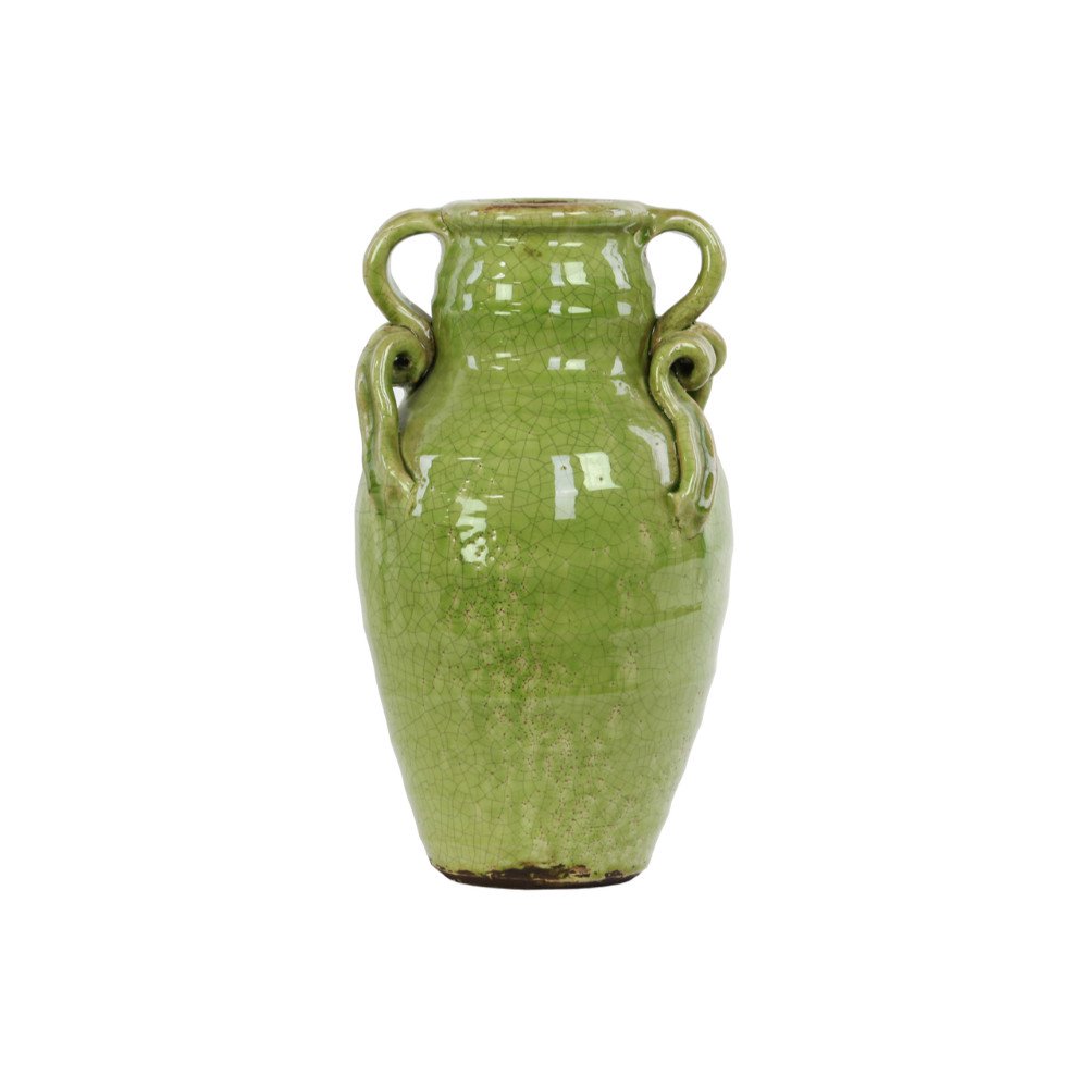 Round Bellied Tuscan Vase with 2 Curved Handles Craquelure Green