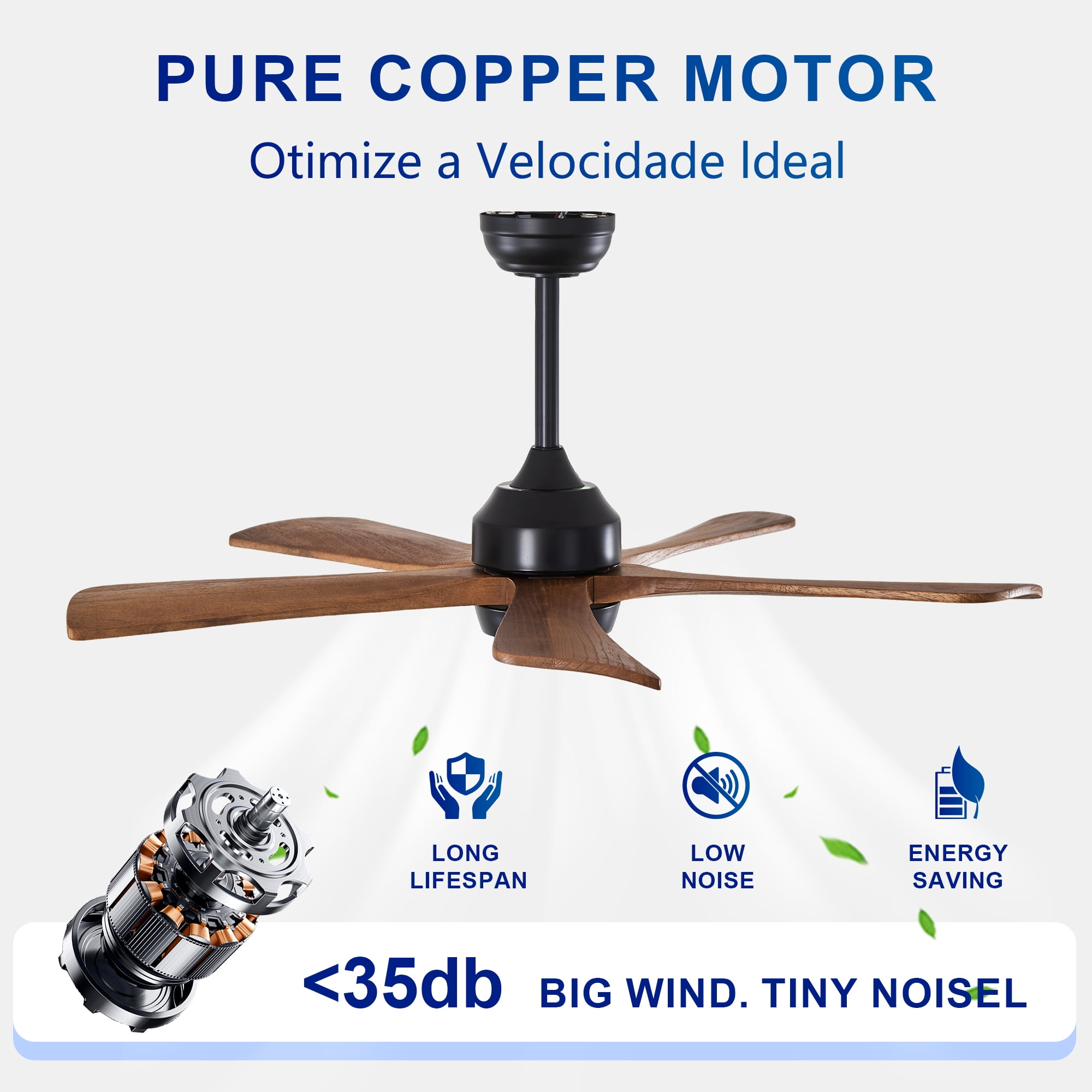 Leumius 42" Solid Wood Blades Ceiling Fan with Light and Remote Control,Quiet DC Motor 5 Blade Ceiling Fans 6 Speed Levels,Reversible for Patio Living Room Bedroom Office Black