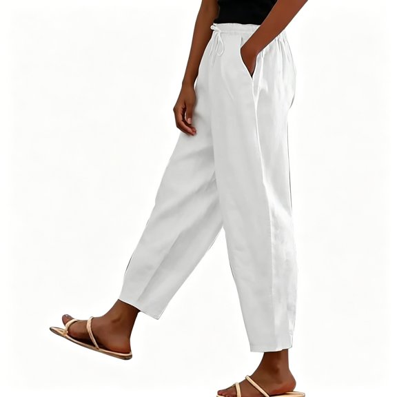 BCSIOAOI Womens Pants,Solid Drawstring Casual Barrel Pants with Side Pockets White L