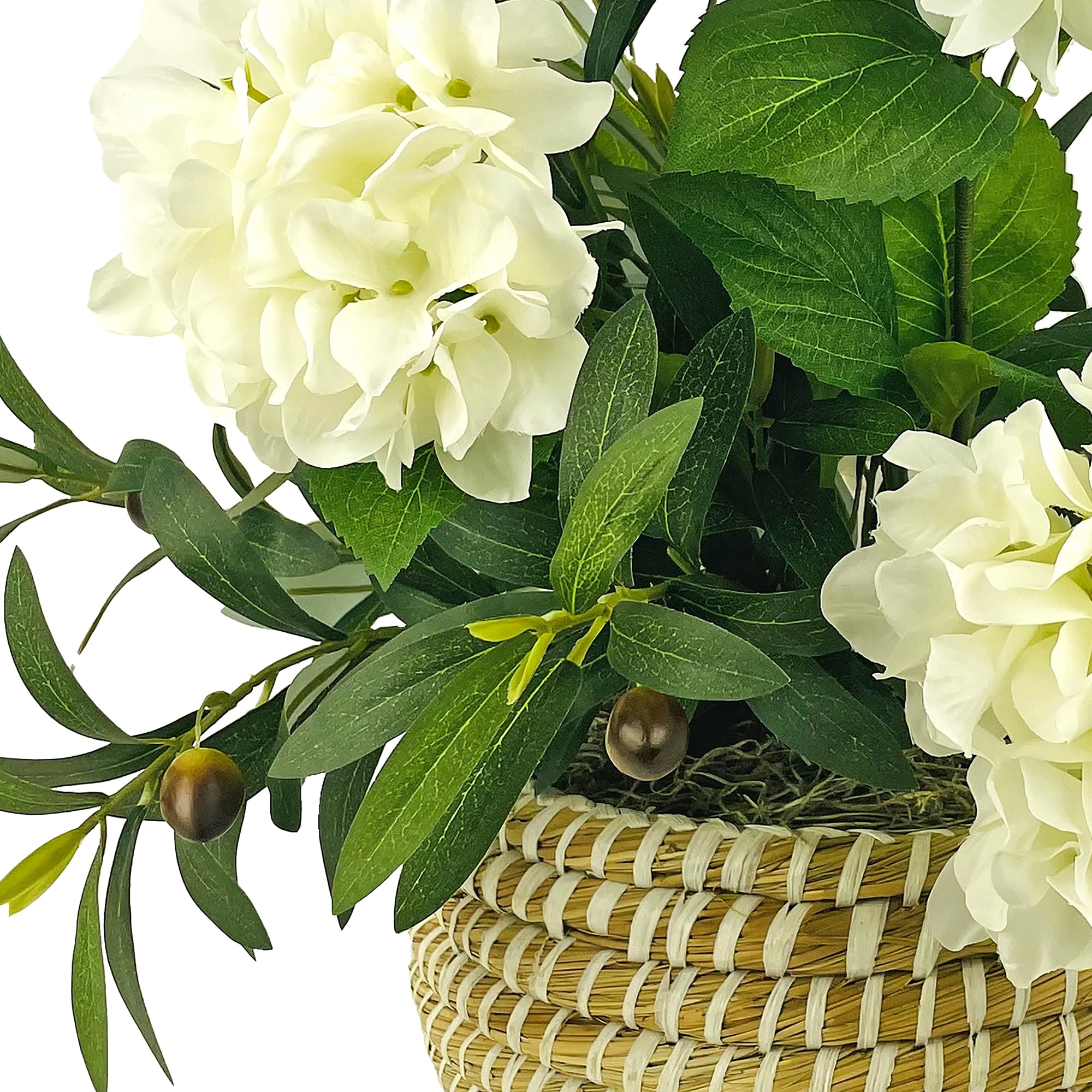 Artificial Plant, 1.67ft Artificial White Hydrangea Plant with Olive Branches in a White Basket by LCG Florals, Faux Designer Fake Indoor Tree for Living Room, Office, and Home Décor