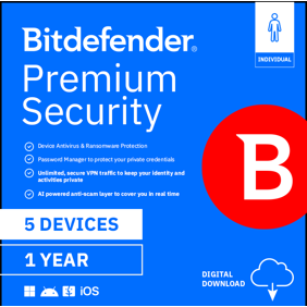 Bitdefender Premium Security Individual for Windows & Mac, 5 Devices, 1 Year (Digital Download)