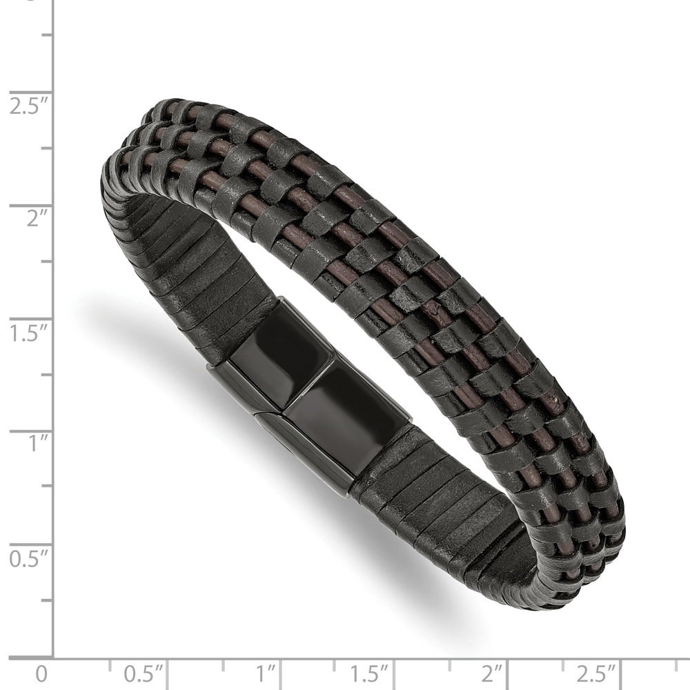 Diamond2Deal Stainless Steel Polished Black IP-Plated Black and Brown Leather Bracelet for Men 8.25"