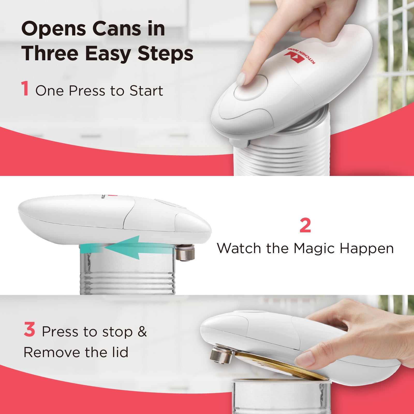 Kitchen Mama Auto Electric Can Opener: Open Your Cans with A Simple Press of Button - Automatic, Hands Free, Smooth Edge, Food-Safe, Battery Operated, YES YOU CAN (White)