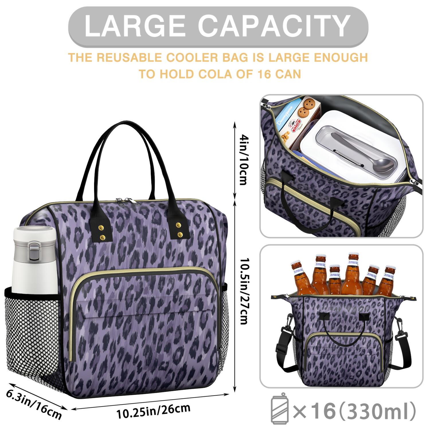 Leopard Pattern Purple Womens Lunch Box for Work,Insulated Large Lunch Bag for Tween and Teen,Loncheras Para Mujer,Leakproof Adult Lunch Bag for Work,Beach,Travel,Picnic,Camping