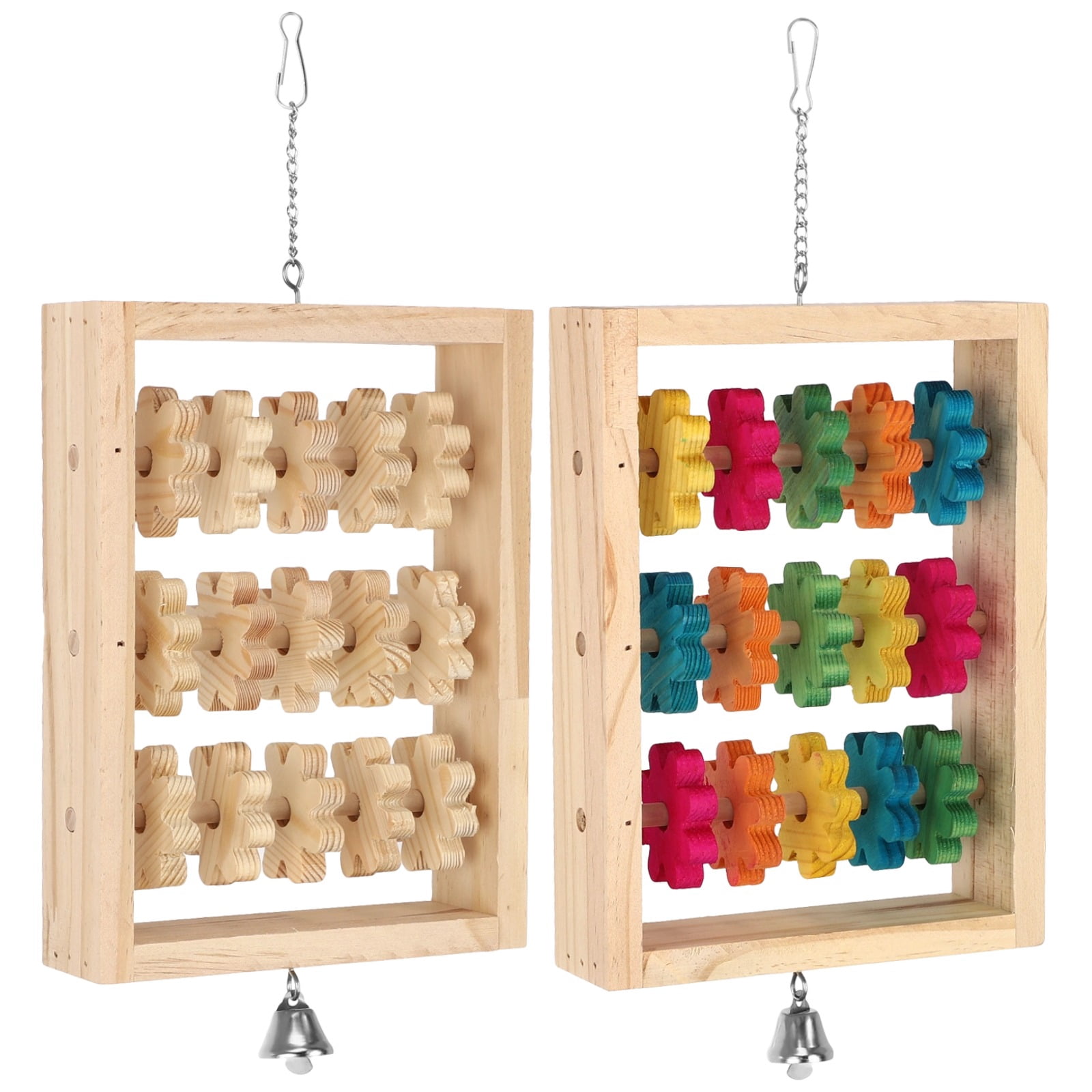 2 PCS Wooden Bird Toys, Colorful Hanging Parrot Chew Puzzle with Rotating Blocks and Bell, Natural Wood Enrichment Training Toy for Budgie Conure Lovebird Cockatoo African Grey Macaw