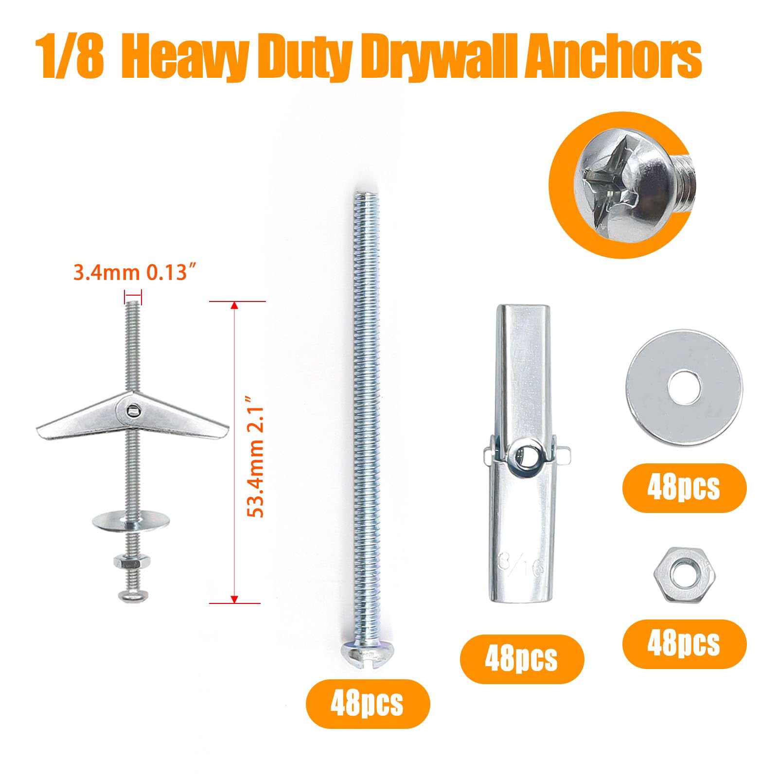 100Pcs Toggle Bolts 1/8" 3/16" 1/4" Heavy Duty Drywall Anchors and Screws Assortment Set Toggle Bolts and Wing Nut Kit with Nuts washers (25sets) K-136