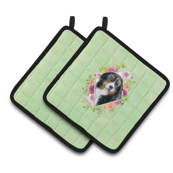 Carolines Treasures CK4278PTHD Bernese Mountain Dog Green Flowers Pair of Pot Holders 7.5HX7.5W multicolor