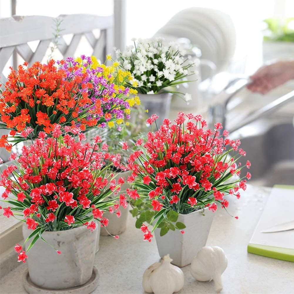 8 Bundles Outdoor Artificial Fake Flowers UV Resistant Shrubs Plants, Faux Plastic Greenery for Indoor Outside Hanging Plants Garden Porch Window Box Home Wedding Farmhouse Decor (Orange Red)