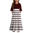 thumbnail image 2 of Girls Short Sleeve Maxi Dress Striped Print Casual Fit and Flare Party Dress with Pockets Wine 4-5 Years, 2 of 7