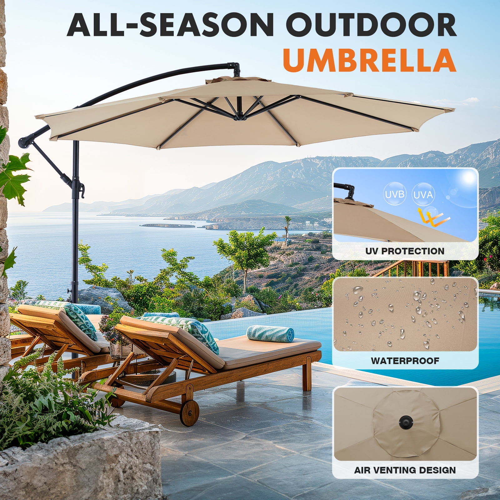 10' Outdoor Patio Umbrella, Offset Hanging Umbrella, UPF50+ Large Umbrella for Patio, Yard, Pool Side, 8 Sturdy Ribs, Push Button Tilt and Crank, Beige