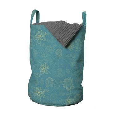 Floral Laundry Bag, Outline Lotus Flowers and Leaves Pattern Romantic Petal Damask, Hamper Basket with Handles Drawstring Closure for Laundromats, 13" x 19", Turquoise and Avocado Green, by Ambesonne