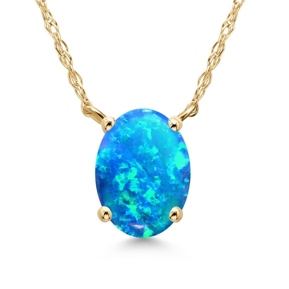 Gem Stone King 14K Yellow Gold Simulated Blue Opal Pendant Necklace for Women | 1.06 Cttw | Gemstone October Birthstone | Oval Cabochon 8X6MM | With 18 inch Chain