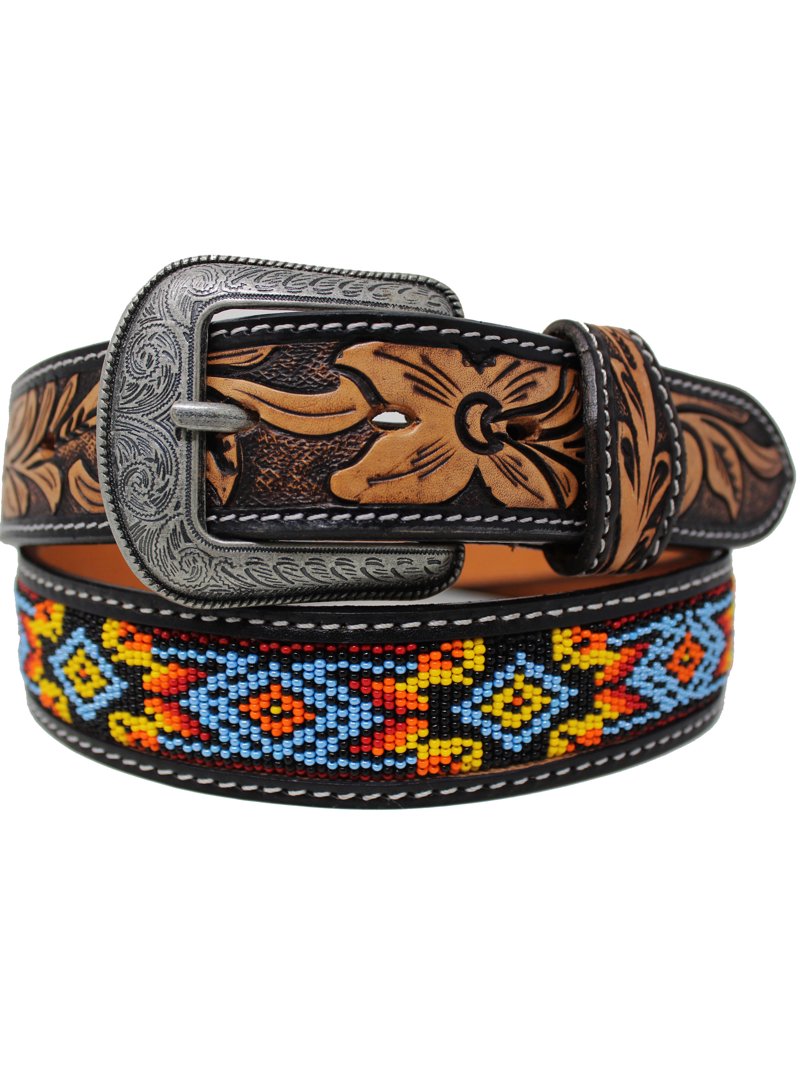 Genuine Full Grain Leather Western Belt with Hand Tooled Beaded Inlay Men main image 3