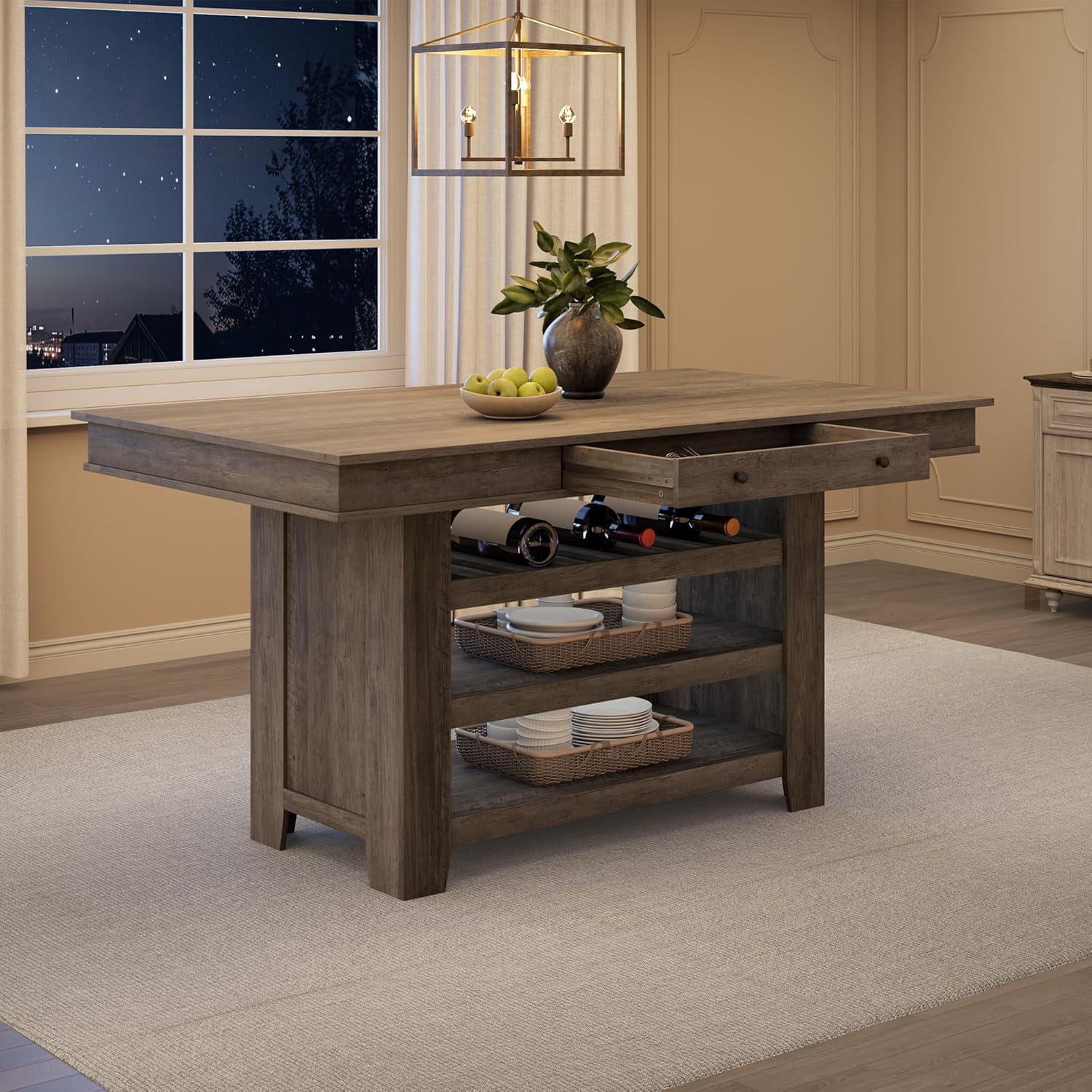 Counter Height Dining Table for 4-6, 36" W Wood Bar Height Dining Room Table with 2 Drawer & Shelves, Deepened Wine Rack, Thick & Large Table Top for Kitchen, Bar