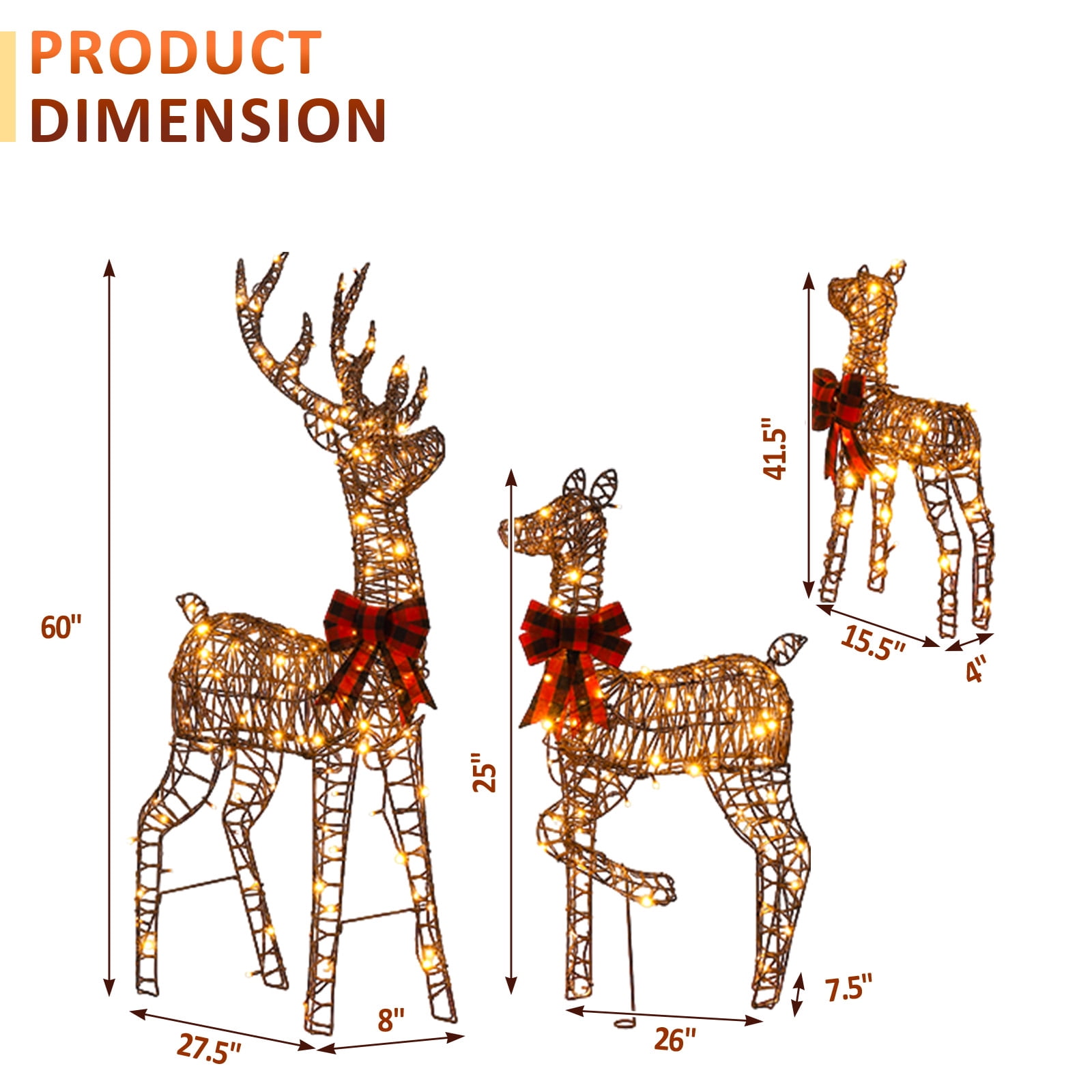 Astoutdoor 3-Piece Lighted Christmas Reindeer Family Set, Weather-Resistant Rattan, 290 Warm White LED Lights, 5 ft, White