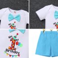 thumbnail image 3 of FYMNSI First Birthday Cake Smash Outfit for Baby Boy My 1st Birthday Party Clothes One Year Old Photo Shoot Bow Tie Short Sleeve Romper Y-Back Suspenders Shorts Set 3pcs, 3 of 7